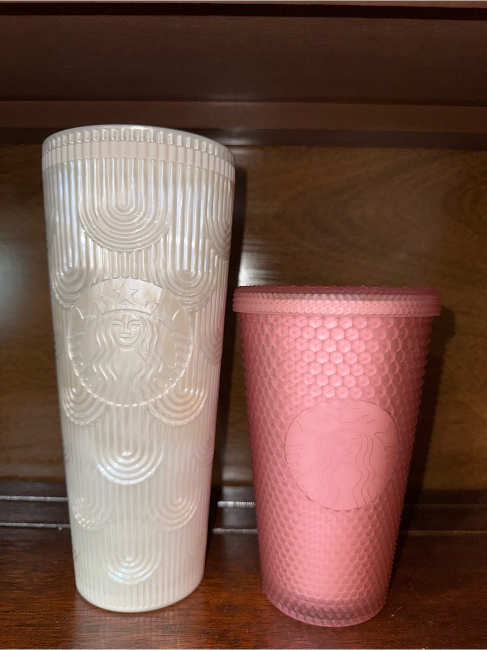 EUC-Starbucks Pearl White and Pink Textured Reusable Tumblers - Set